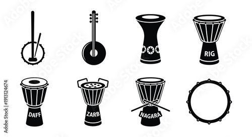 Collection of various traditional percussion instruments in black and white