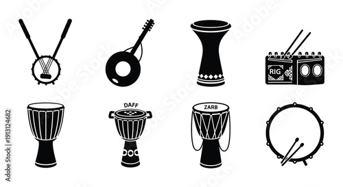 Collection of various traditional percussion instruments in black and white
