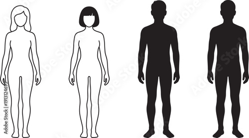 Male and female human body silhouette set, front view anatomy outline vector illustration isolated on white background