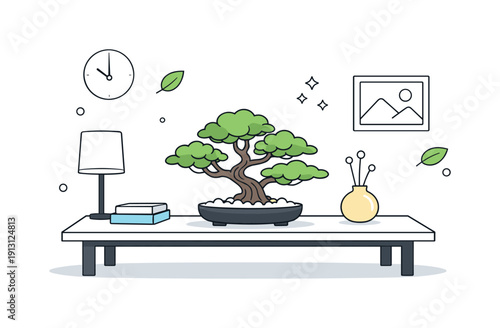 Indoor Bonsai Decor. Indoor bonsai tree as a decorative element. A small bonsai tree placed on a minimalist table inside a modern room, calm balance and