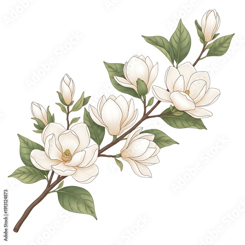 Illustration of white magnolia flowers with green leaves isolated on transparent background