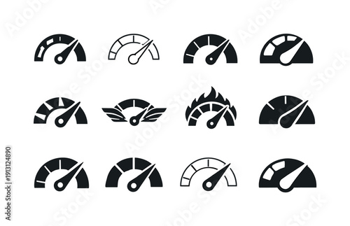 Training Intensity Icons. Training intensity. Icon set. Set Logo of Training intensity: gauge dial rising. harmonious logo variations of the same emblematic