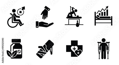 Healthcare and medical icons depicting various health conditions and support
