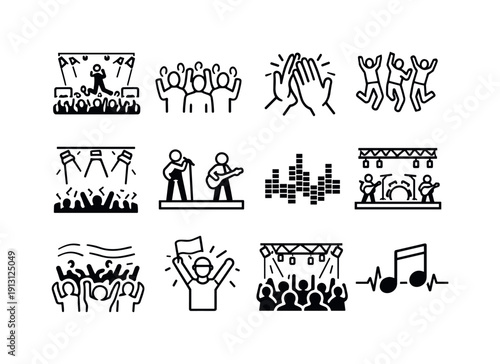 Concert Icon Set. Concert crowd movement. Line icon set of Concert crowd movement: live concert, audience silhouettes, hands clapping, jumping crowd, stage