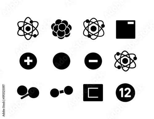 Chemical Element. Solid icon set of Chemical Element: atom, nucleus, electron orbit, periodic table square, proton, neutron, electron, atomic