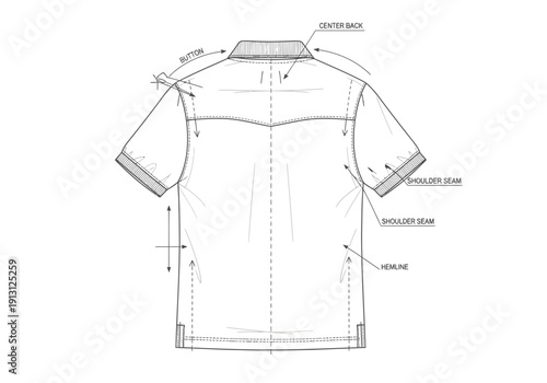 Technical Drawing of a ShortSleeved Western Shirt Back View.