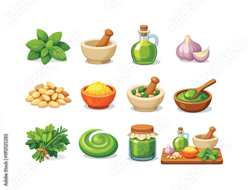 Making pesto sauce. Colorful flat vector icons set of making pesto sauce: basil leaves, mortar and pestle, olive oil bottle, garlic clove,