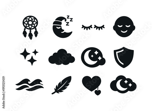 Sleep Protection Icons. Sleep Protection Symbols. Solid icon set of Sleep Protection Symbols: dream catcher, sleeping moon, closed eyes, peaceful face, star