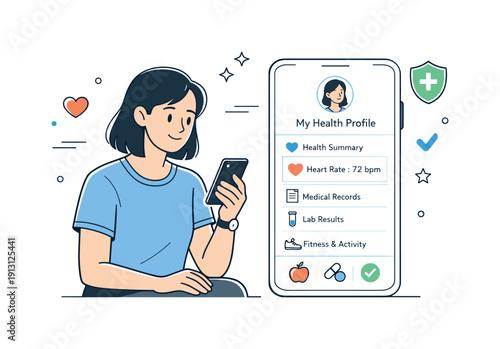 Digital health profile. A person accessing their personalized health record on a smartphone, calm and confident posture. Editorial lifestyle