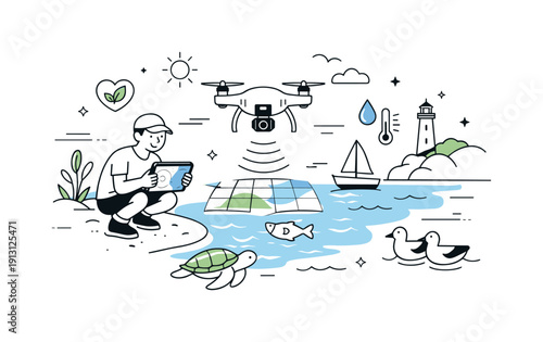 Drones used for environmental conservation. A friendly scene illustrating coastal or marine monitoring, with a drone mapping shorelines and