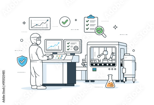    Cleanroom environments. A technician monitoring data screens beside sealed production equipment, blending human oversight and sterile