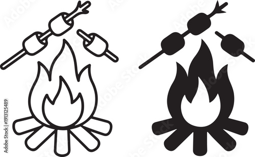 Two stylized illustrations of campfires with marshmallows on sticks roasting over flames isolated on white background, illustration