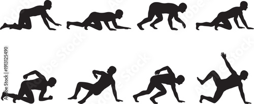 Sprinter start position silhouette set, athlete crouch running action isolated black vector illustration collection