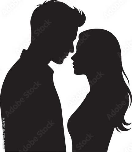 Romantic couple silhouette facing each other in intimate moment, love relationship concept black vector illustration isolated background
