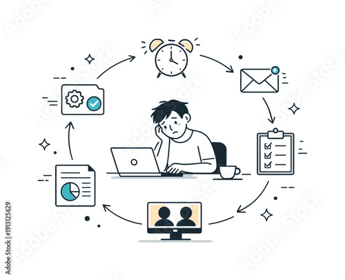 Monotony in Motion. Silent burnout symptoms work routine. Repetitive daily tasks shown as looping icons around a neutral character. The scene highlights