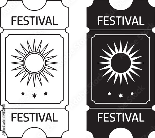 Black and white festival wristbands with sunburst designs and text labels isolated on white background, illustration