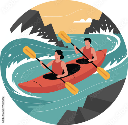 Scene of kayakers paddling through swirling rapids conveying the harmony and teamwork required for successful whitewater navigation vector on white background.