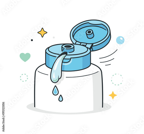 Flip-top shampoo cap design. Open bottle cap showing dispensing action, calm practical mood and clarity. Gentle motion lines and minimal