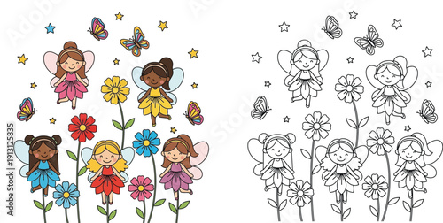 Adorable Fairy Girls with Flowers and Butterflies - Coloring Page and Colored Version