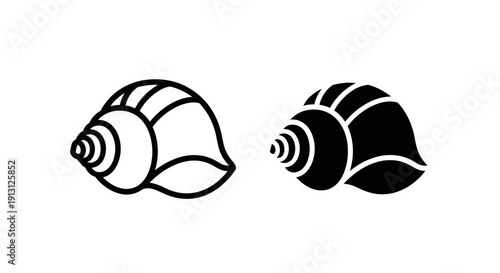 Seashell icon symbol for beach, ocean, and seaside. Vector outline and solid black illustration.