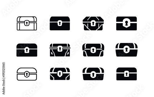    Treasure box. Icon set. Set Logo of treasure box: closed chest with lock. harmonious logo variations of the same emblematic concept, each