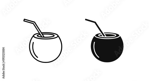 Coconut drink icon symbol for tropical refreshment and island vacation. Vector outline and solid black illustration.
