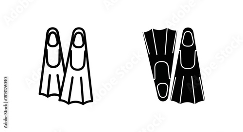 Pair of Flippers Icons: Outline and Solid Black Silhouette for Swimming
