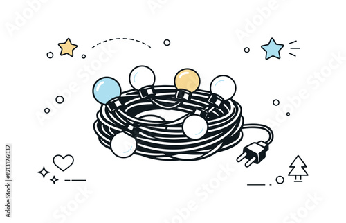 String lights bulbs. Flat lay composition showing string lights neatly coiled and organized. Calm preparation and decorative planning mood,