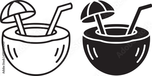 Two stylized coconut drinks with different colored bowls and matching umbrellas on straws isolated on white background, illustration