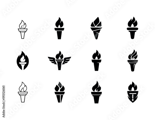 Torch Emblem Variations. Master. Icon set. Set Logo of master: upward torch symbol. harmonious logo variations of the same emblematic concept, each with