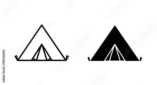 Tent Icons for Camping: Outline and Solid Black Silhouette