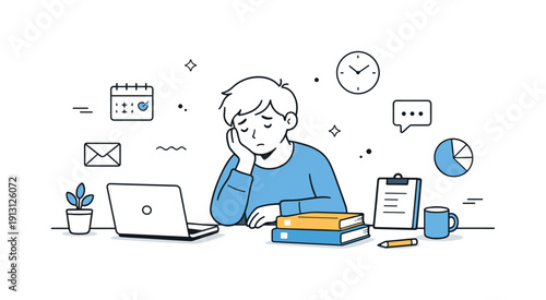 Working through loss and concentration. An employee pausing between tasks, surrounded by simplified work items and empty space. The scene