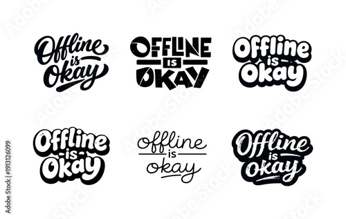 Lettering Variations Grid. Offline is okay lettering. Set lettering. harmonious lettering variations of the same emblematic concept, each with different