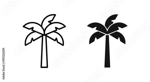 Palm tree icon symbol for tropical destinations, vacation, and summer. Vector outline and solid black illustration.