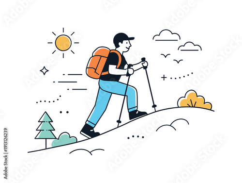 Outdoor adventure. A hiker with trekking poles walking uphill, surrounded by abstract nature elements and motion lines. The scene
