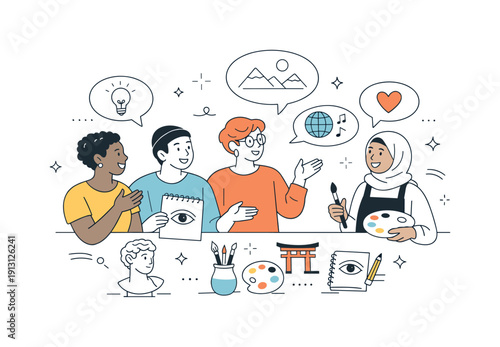 Inclusive art community. Diverse artists discussing ideas and sharing inspiration, friendly interaction and openness. Speech bubbles,