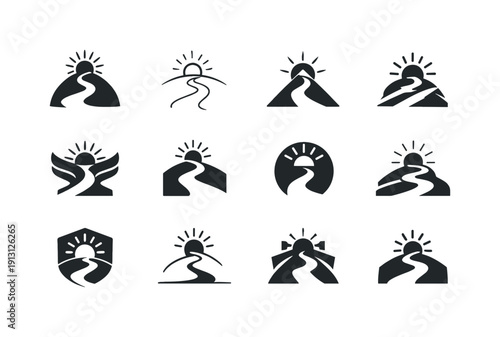    Victorious journey. Icon set. Set Logo of Victorious journey: rising path to sun. harmonious logo variations of the same emblematic concept,