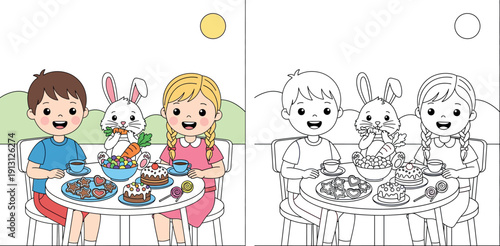 Cute cartoon boy and girl having a tea party at a table with a white rabbit eating a carrot