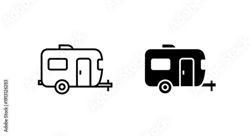 Trailer caravan icons, one line art and one solid black, representing travel, camping, and mobile living.