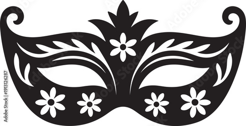 Elegant black floral mask with intricate lace detailing and symmetrical floral patterns. isolated on white background, illustration