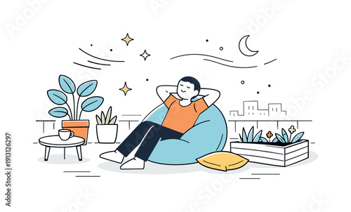 Urban Rooftop Retreat. Calm urban rooftop garden. A person relaxes among plants and soft seating on a rooftop space, abstract stars and motion lines