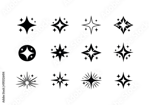 Old Hollywood glamour. Icon set. Set Logo of old Hollywood glamour: sparkling starburst. harmonious logo variations of the same emblematic