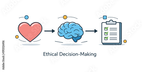 Ethical decision-making. Conceptual scene with interconnected icons of heart, brain, and checklist forming a simple system. Harmony between