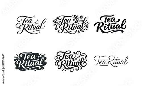 Tea ritual lettering. Set lettering. harmonious lettering variations of the same emblematic concept, each with different artistic