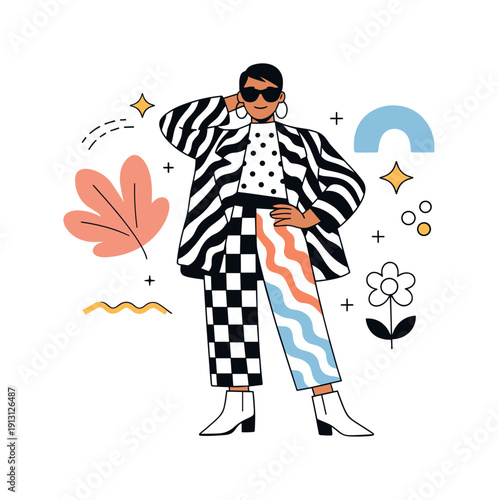 Confident style with bold textures. Editorial scene of a person confidently posing in a richly textured, patterned outfit, abstract