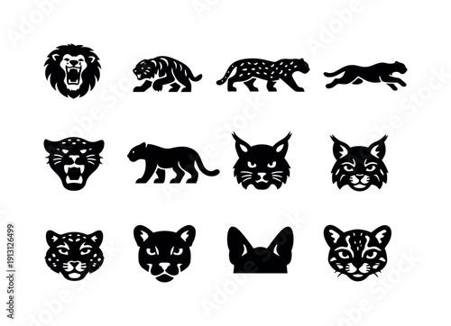 Wild Cat Icons. Wild cats. Solid icon set of Wild cats: roaring lion, stalking tiger, spotted leopard, running cheetah, growling jaguar, black panther, lynx