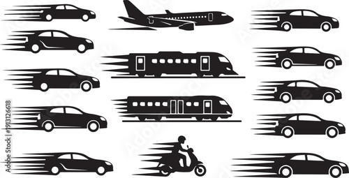 Transportation Modes Icons Set with Motion Lines Illustration