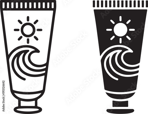 Two tubes of sunscreen with sun and wave icons on black and white background isolated on white background, illustration