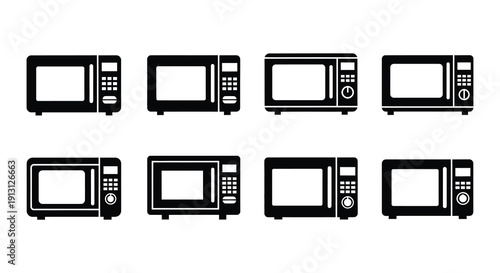 Black and white icons depicting various styles of microwave ovens