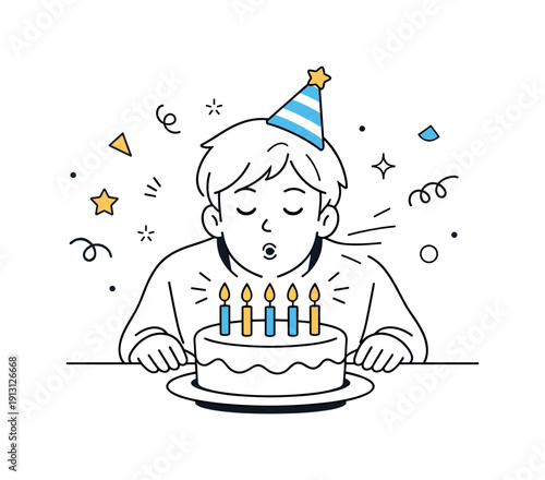 Birthday wish moment. Person closing eyes and blowing out lit candles on a simple cake, capturing anticipation and happiness. Gentle glow